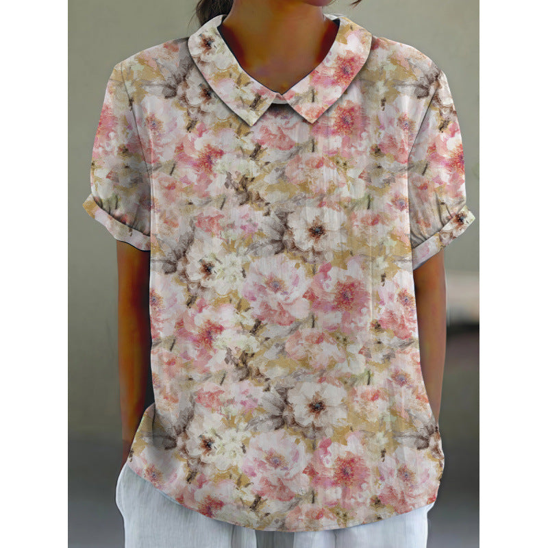 Damen Kurzarmbluse mit floralen Akzenten und klassischem Kragen Drune