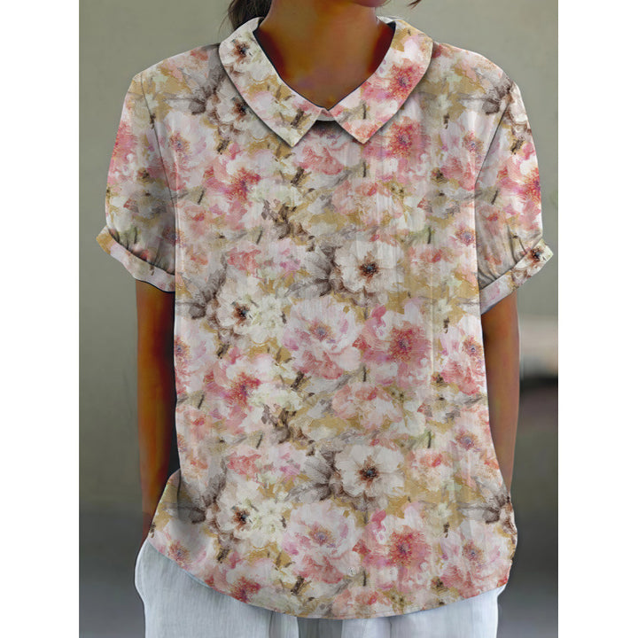 Damen Kurzarmbluse mit floralen Akzenten und klassischem Kragen Drune