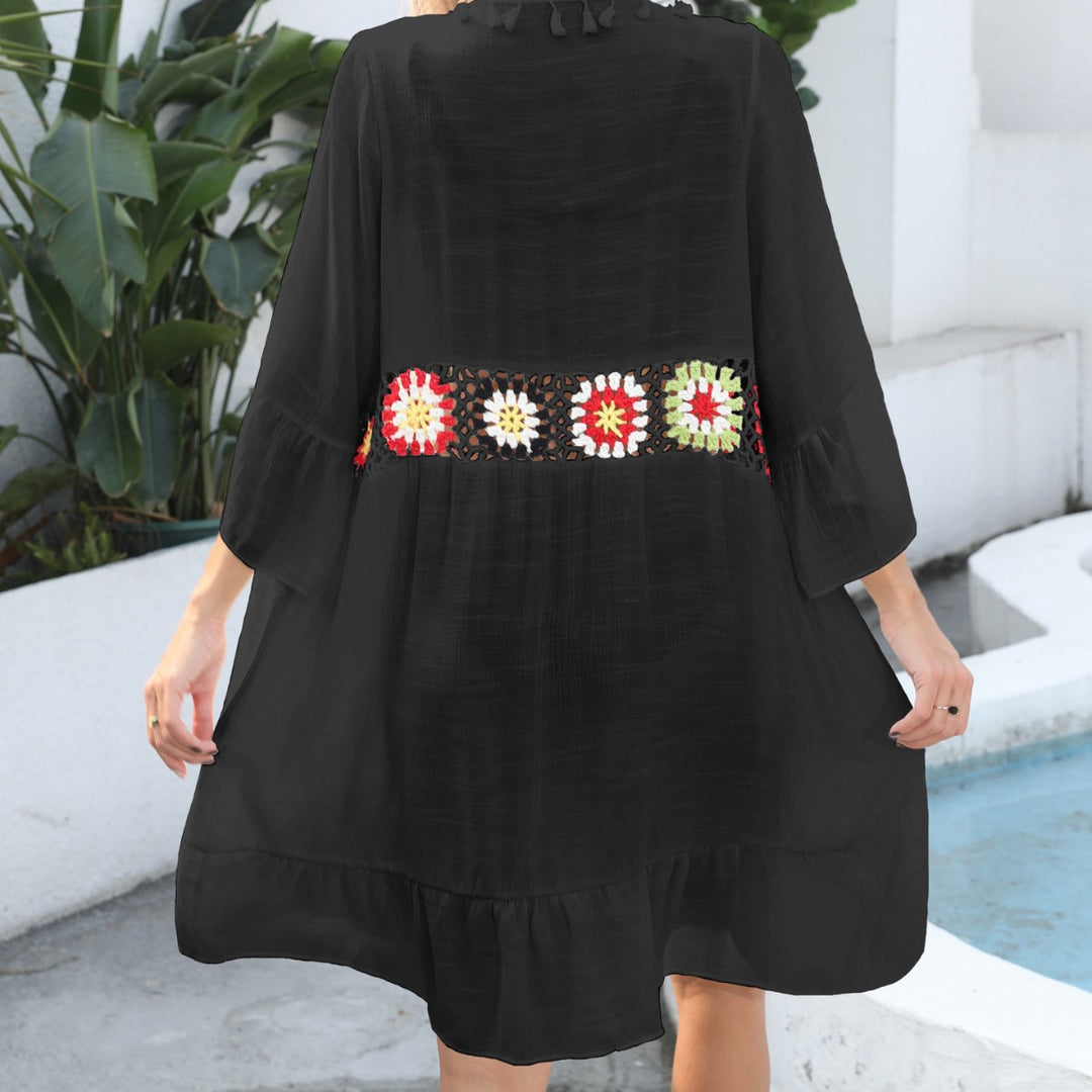 Damen eleganter Strandüberwurf mit floralem Häkelmuster Drune