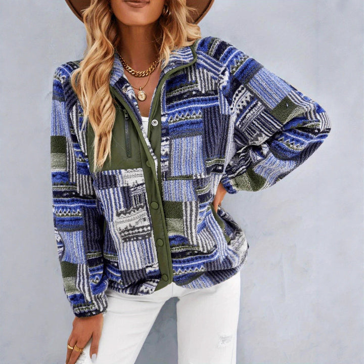 Damen Gemusterte Plüschjacke mit hohem Kragen und Druckknopfverschluss Drune