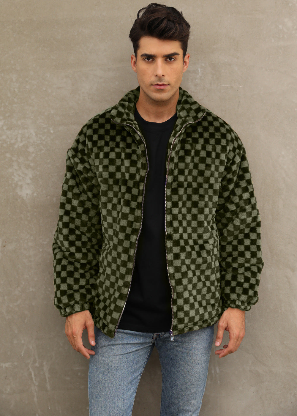 Herren Plüschjacke mit Karo-Muster und hohem Kragen Drune
