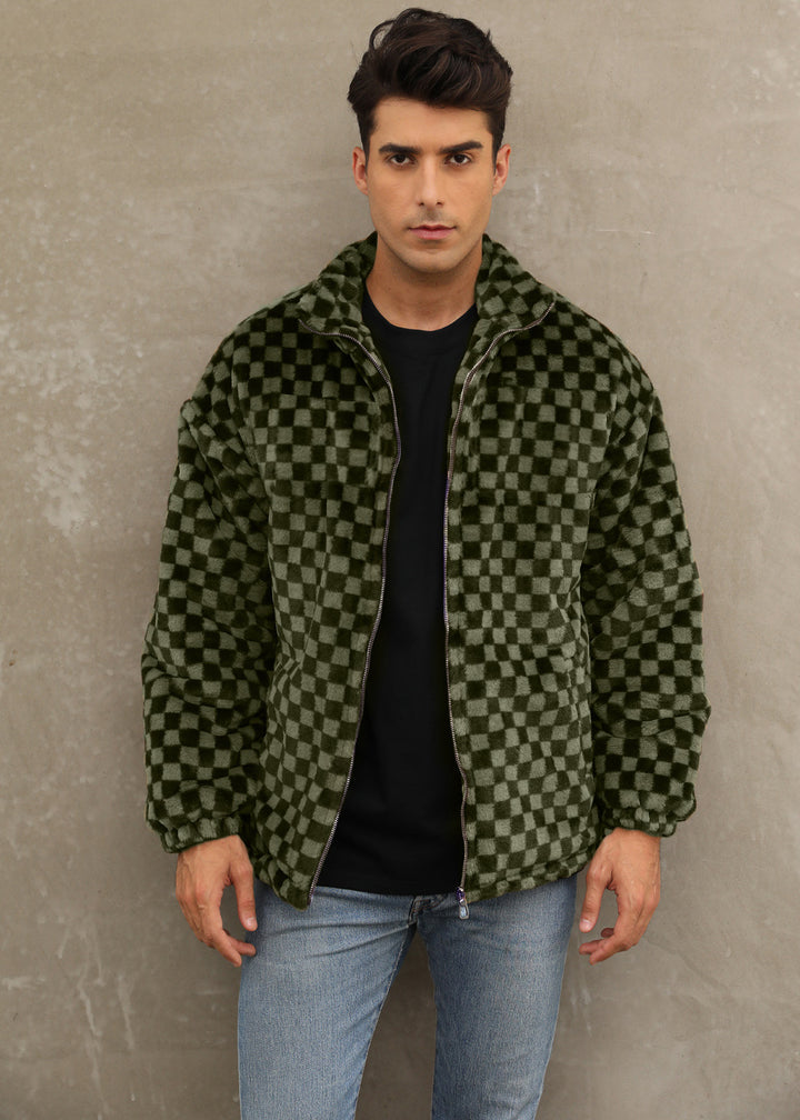 Herren Plüschjacke mit Karo-Muster und hohem Kragen Drune