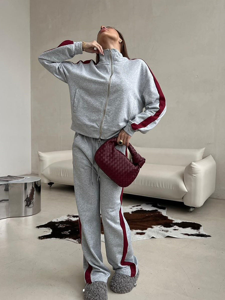 Damen Sportliches Fleece-Lounge-Outfit mit hohem Kragen und seitlichem Reißverschluss Drune