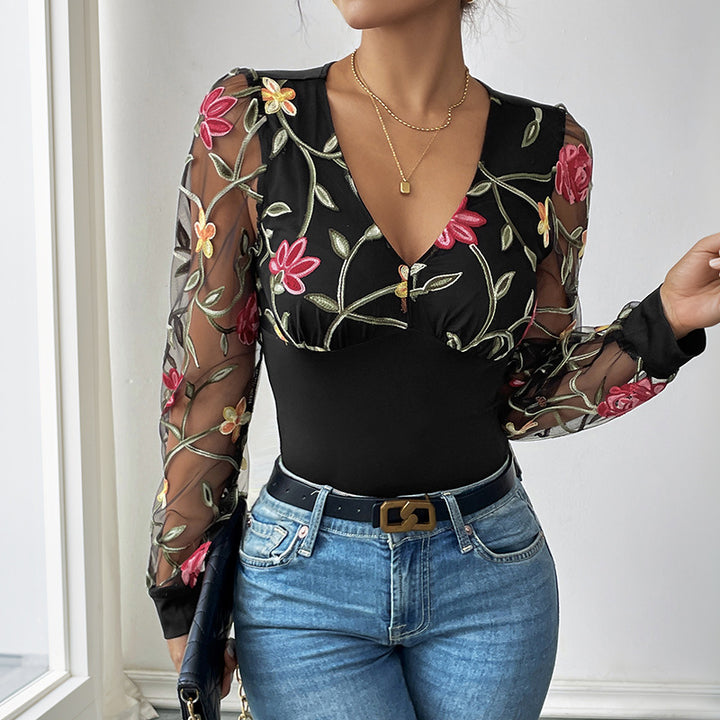 Damen Body mit transparenten, bestickten Puffärmeln und V-Ausschnitt Drune