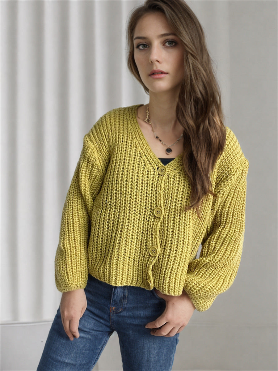 Damen cropped Strickjacke mit grober Maschenstruktur und großen Knöpfen Drune