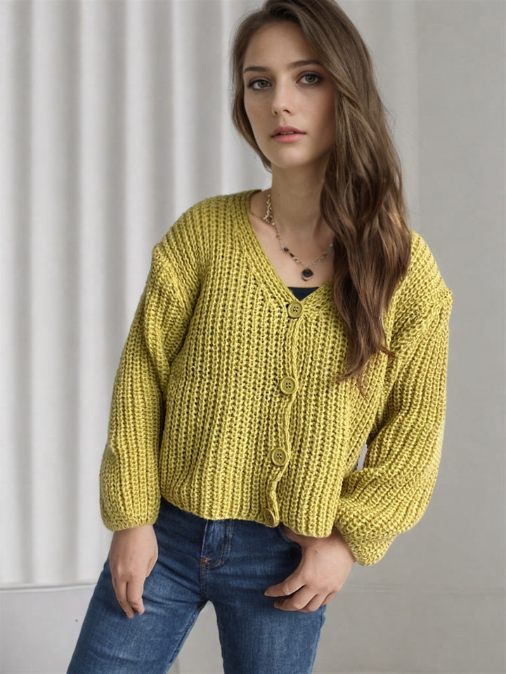 Damen cropped Strickjacke mit grober Maschenstruktur und großen Knöpfen Drune
