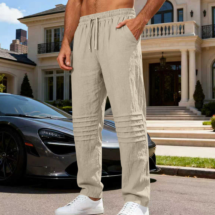 Herren nan entspannte Leinen-Jogginghose mit elastischem Tunnelzug, Kellerfalten-Kniepartie und seitlichen Eingrifftaschen Drune