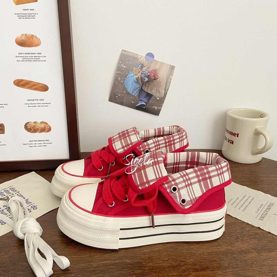 Damen Plateau-Sneaker mit verstellbarem Knöchelriemen und kariertem Innenfutter Drune