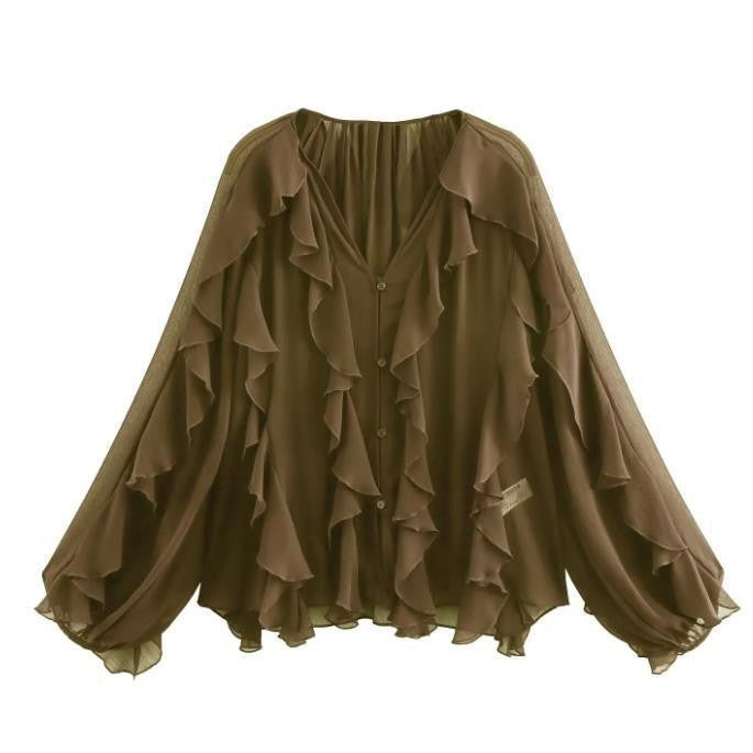 Damen Rüschenbluse mit weitem Schnitt und ballonartigen Ärmeln Drune