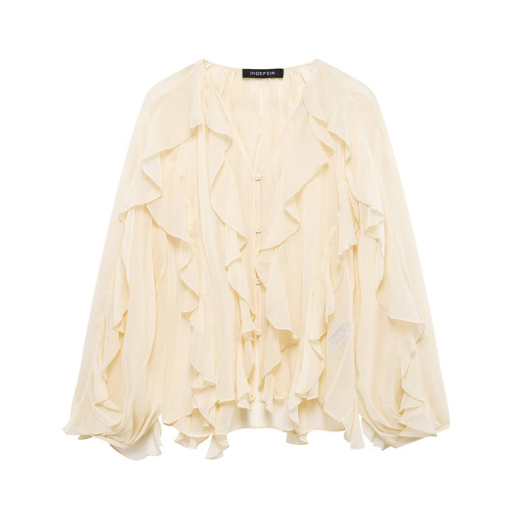 Damen nan feminine Chiffon-Volantbluse mit Ballonärmeln und V-Ausschnitt Drune