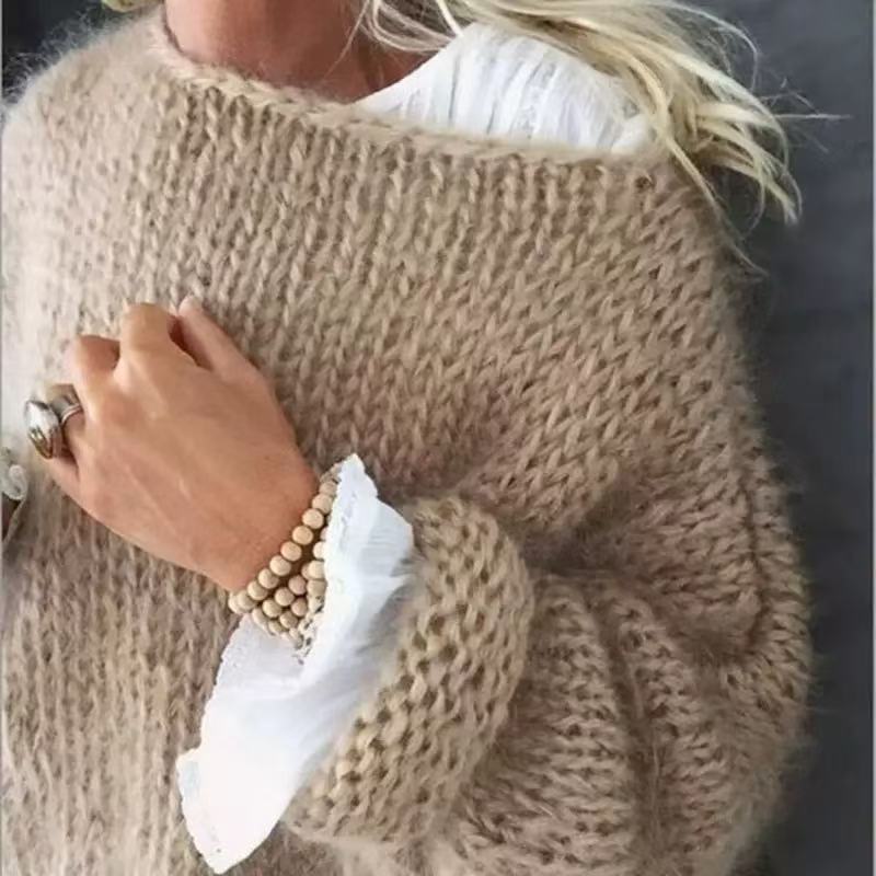 Damen lässiger Grobstrickpullover mit offenen Maschen und überschnittenen Schultern Drune