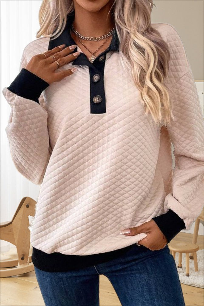 Damen lässiger Sweatpullover mit strukturiertem Kragen und Knopfleiste Drune
