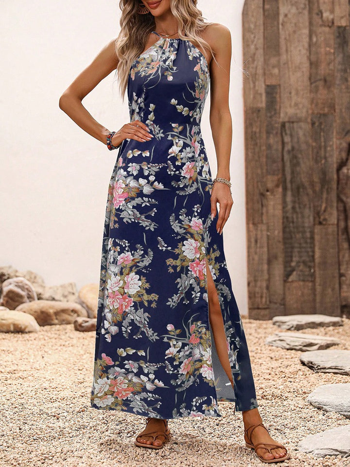Damen Maxikleid mit eleganten Seitenschlitzen und floralen Akzenten Drune