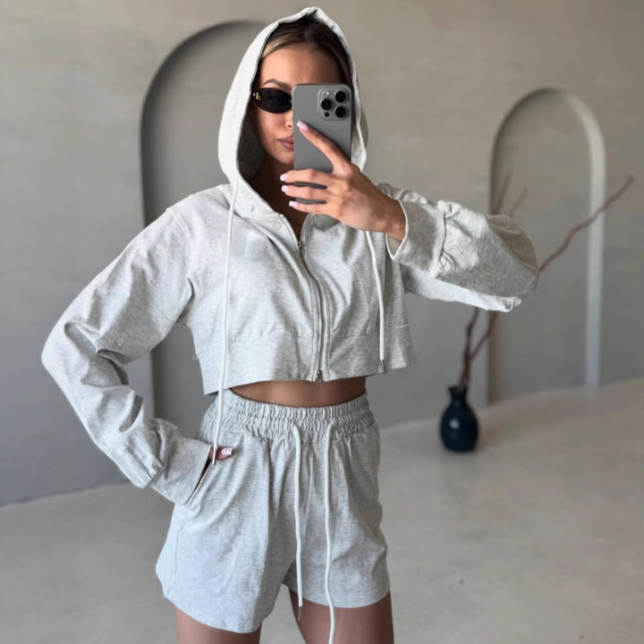 Damen trendy cropped Kapuzenjacke und Shorts Set Drune