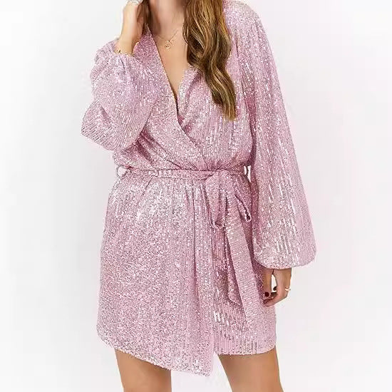 Damen Glitzerndes Minikleid mit tiefem Ausschnitt und weitem Ärmel Drune