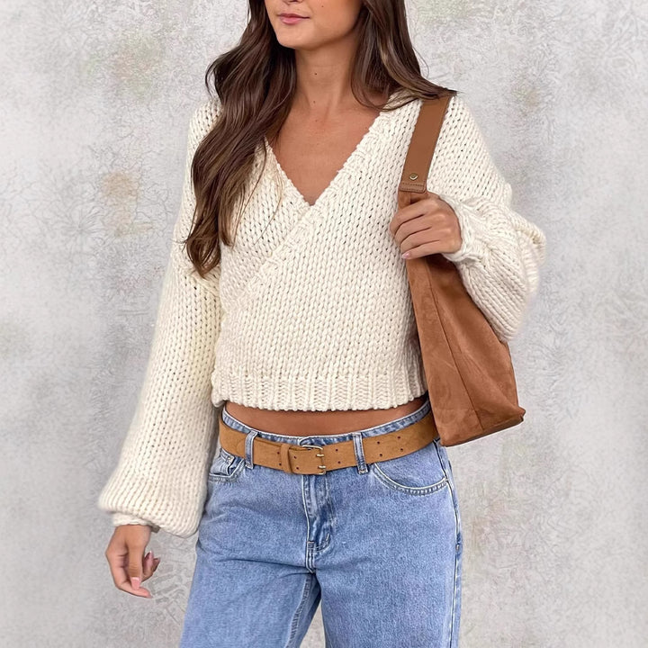 Damen kuscheliger Strickpullover mit modernem Wickeldesign Drune