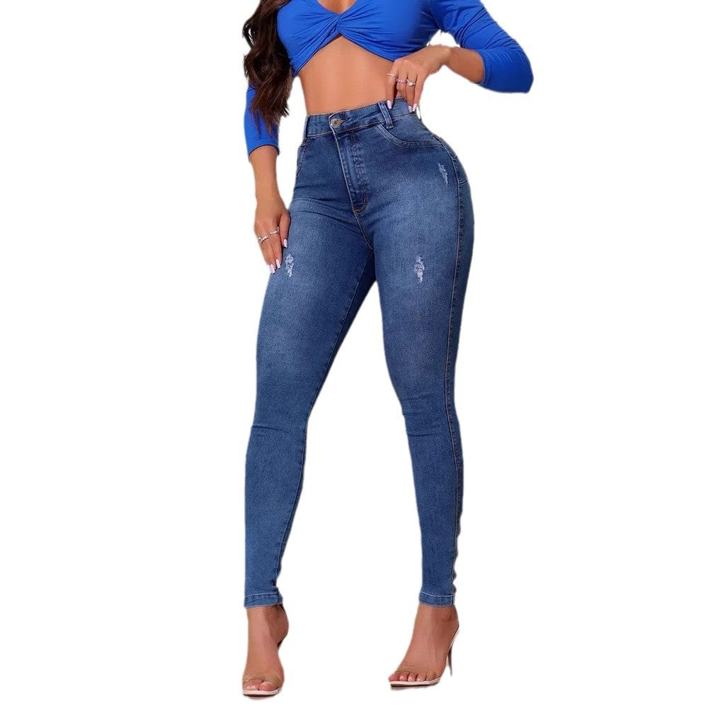 Damen Hochtaillierte Slim-Fit Jeans mit modernen Destroyed-Details Drune