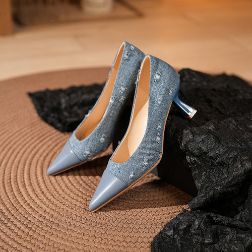 Damen Stylische Denim Spitz-Zehen Absätze Drune