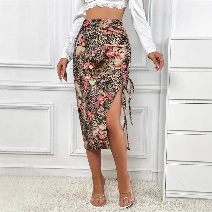 Damen Eleganter Midirock mit floralem Tiermuster und seitlichem Schlitz Drune
