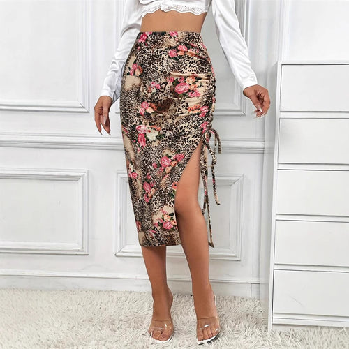 Damen Eleganter Midirock mit floralem Tiermuster und seitlichem Schlitz Drune