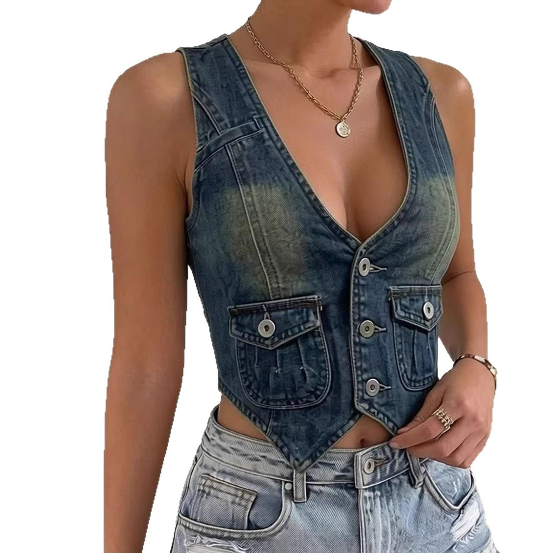Damen ärmellose Denim-Weste mit aufgesetzten Taschen und tiefem V-Ausschnitt Drune