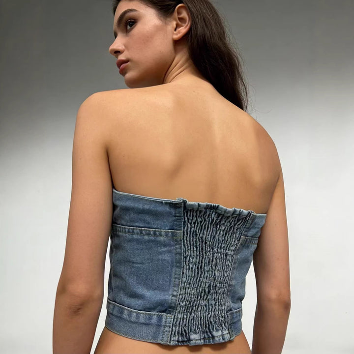 Damen Denim Bustier-Oberteil mit Knopfdetails und tailliertem Schnitt Drune