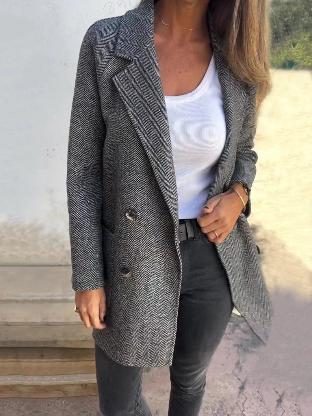 Drune | Übercoat - Tailored Fit - Wollmischung - Doppelreiher - Reverskragen - Fischgradmuster