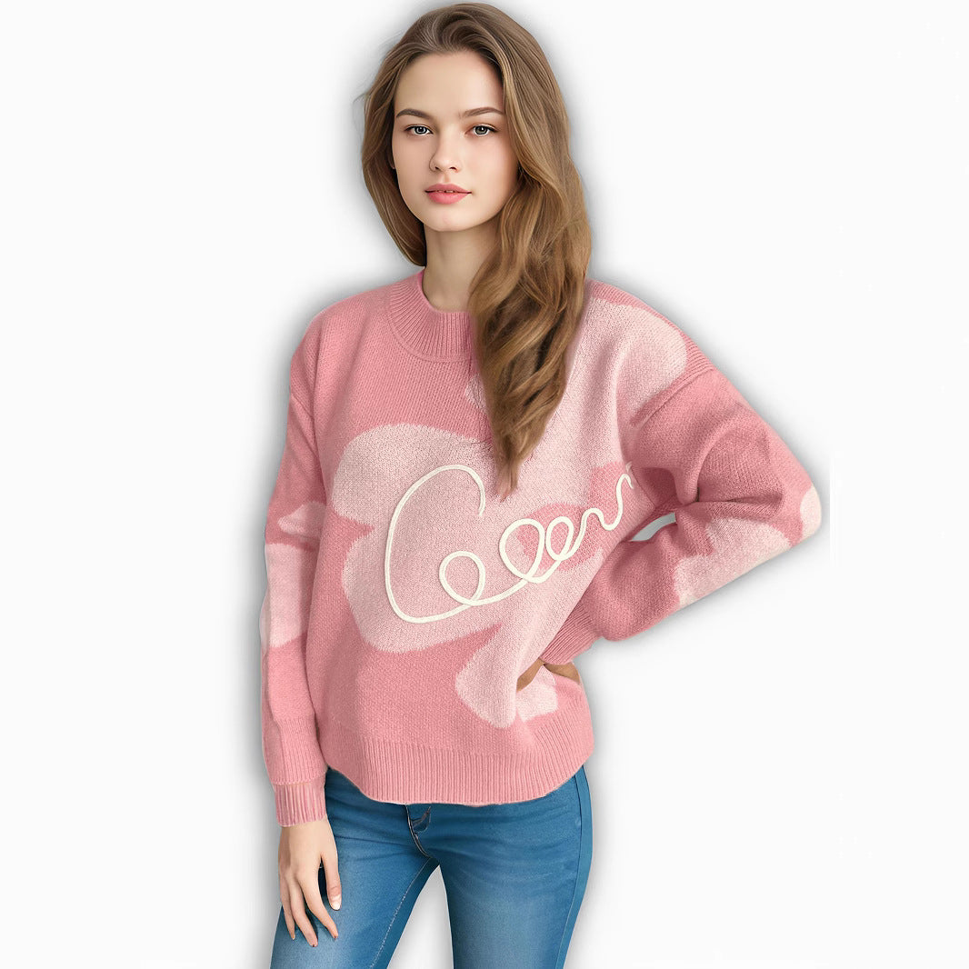 Damen modischer Strickpullover mit dezentem floralem Design und weichem Stoff Drune