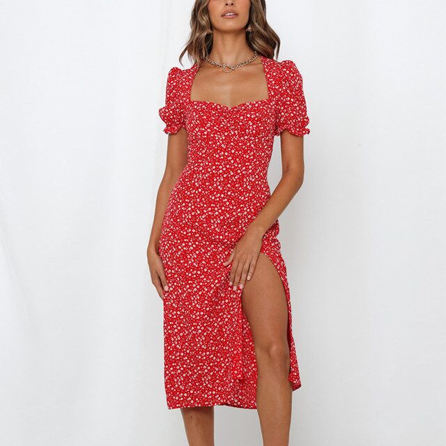 Damen Midikleid mit blumigem Print und seitlichem Schlitz Drune