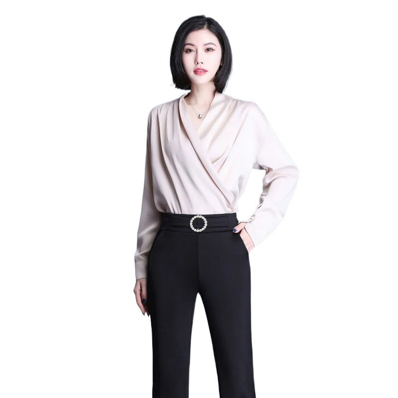 Damen Elegante High-Waist-Hose mit breitem Bein und dekorativem Gürtel Drune