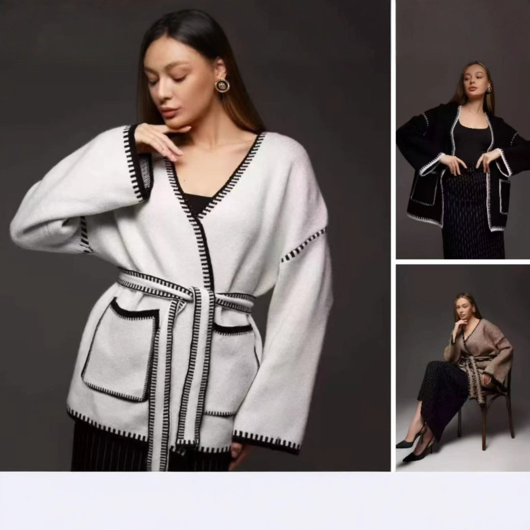 Damen Eleganter Wickelpullover mit Taschen und Gürtel Drune