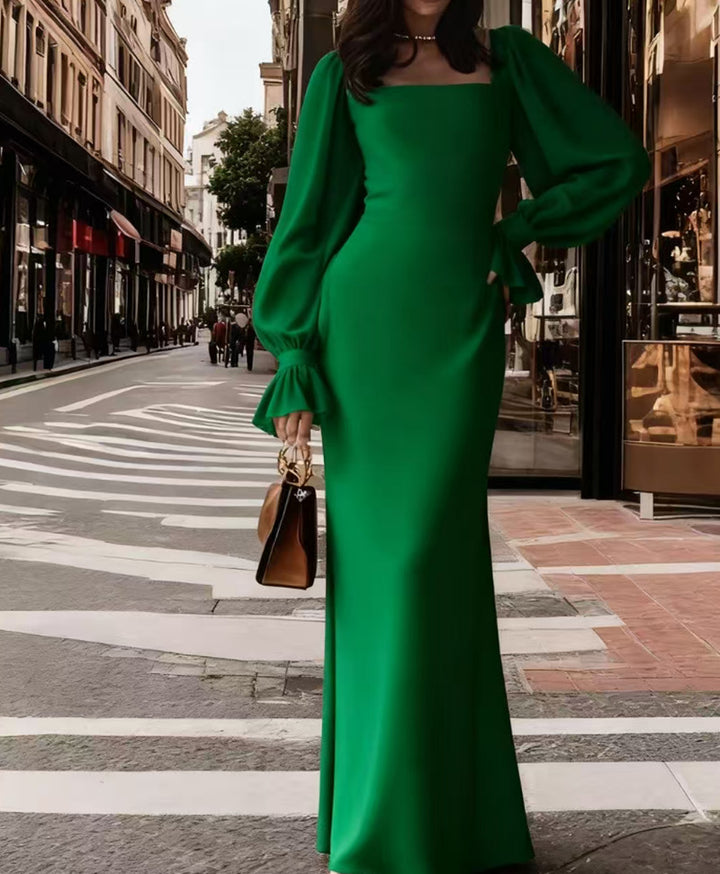 Damen elegantes Maxikleid mit Puffärmeln und quadratischem Ausschnitt Drune
