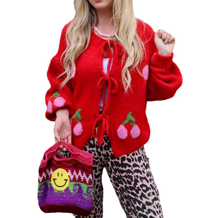 Damen lässige Strickjacke mit verspieltem Kirschmotiv und modernem Kordelzug Drune