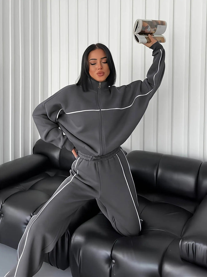 Damen nan Oversize Trainingsanzug Set mit Reißverschluss hohem Kragen und Kontrastpaspeln Drune