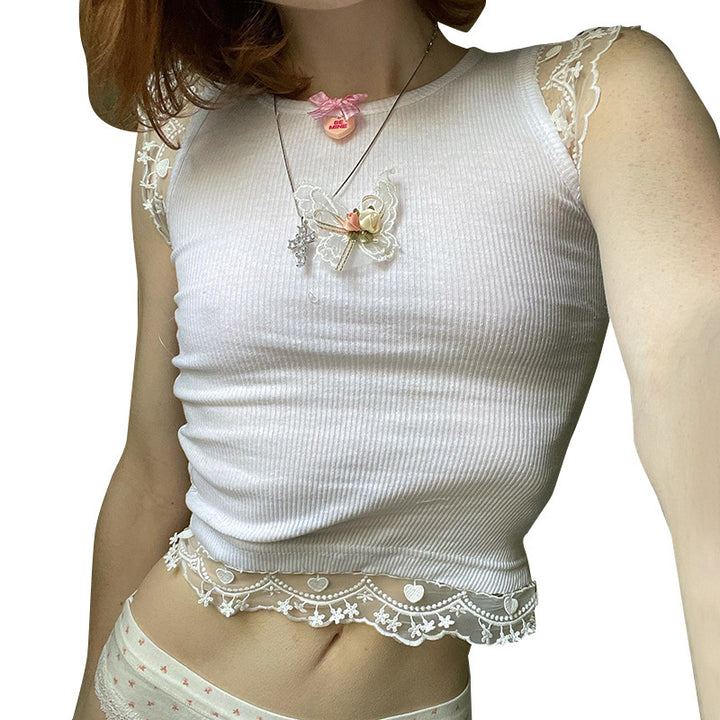 Damen zartes Crop-Top mit romantischer Spitzenkante Drune