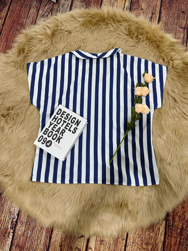 Damen Bluse im elegant gestreiften Design mit modernem V-Ausschnitt und kurzen Ärmeln Drune