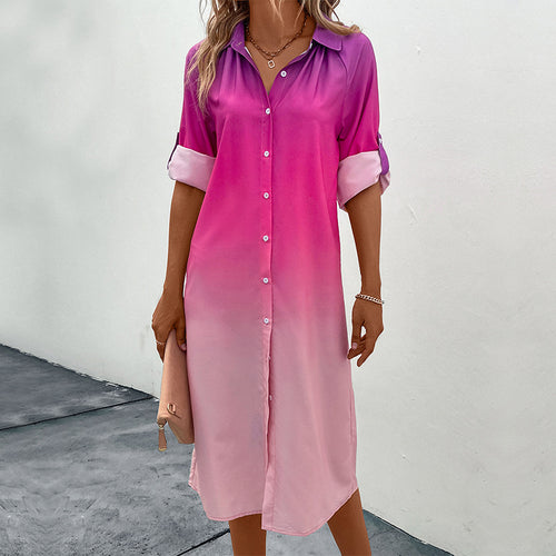 Damen Midi-Kleid mit modernem Farbverlauf und elegantem Hemdkragen Drune