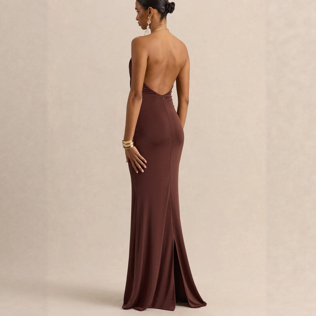 Damen Raffiniertes Maxikleid mit tiefem V-Ausschnitt und Drapierung Drune