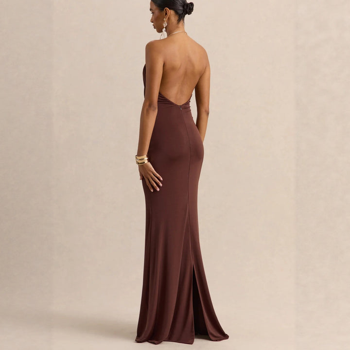 Damen Raffiniertes Maxikleid mit tiefem V-Ausschnitt und Drapierung Drune