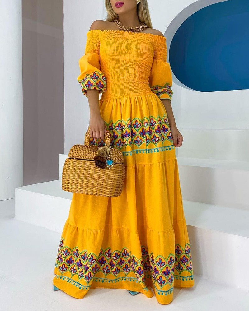 Damen Boho-Maxikleid mit schulterfreiem Design und verspieltem Stickereidetail Drune