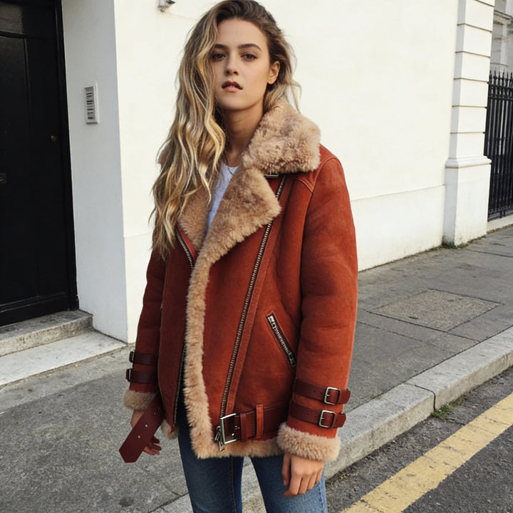 Damen nan flauschige Bikerjacke mit Teddyfutter und Schnallenbesatz Drune