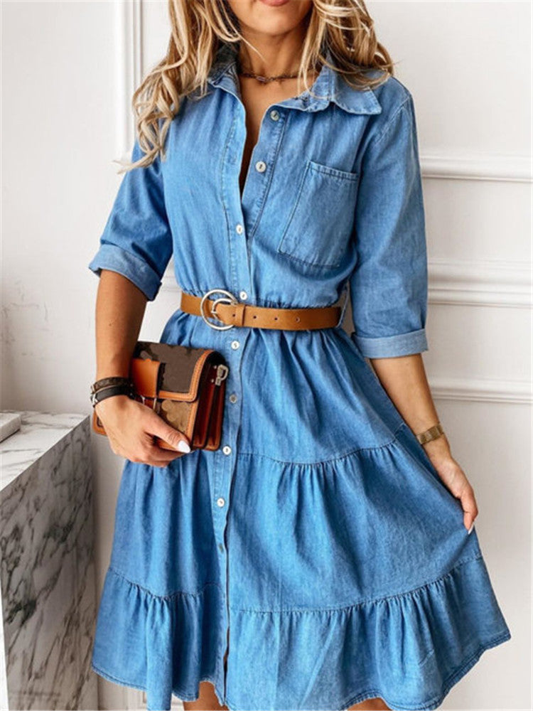 Damen nan Stufen-Hemdblusenkleid mit Taillenbetonung, durchgehender Knopfleiste und Brusttasche Drune