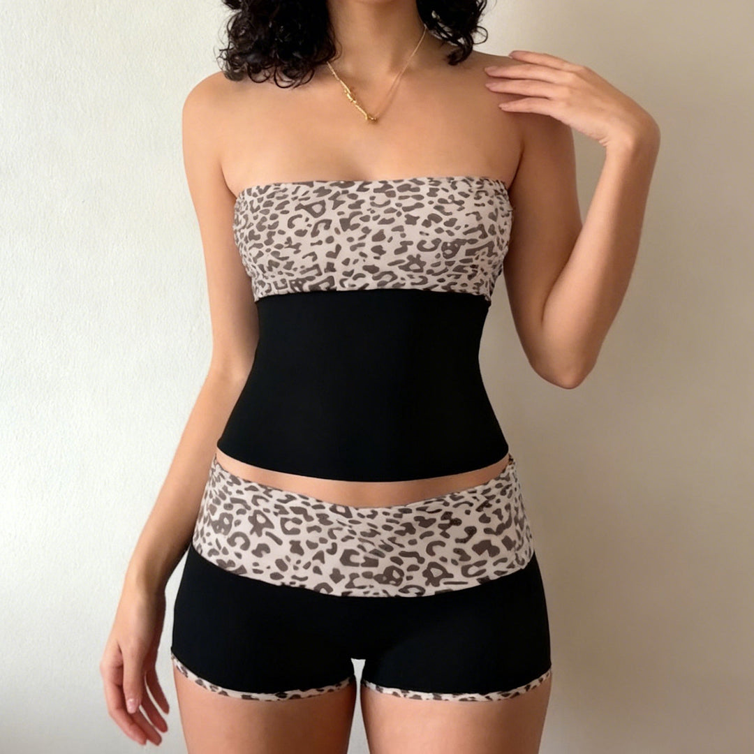 Damen Bandeau-Bikini-Set mit modischem Leopardenmuster und bequemen Shorts Drune