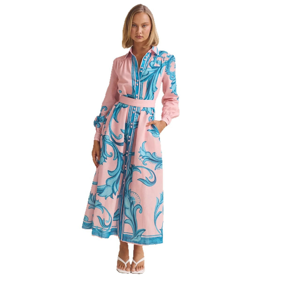 Damen Langarmhemdkleid mit floralen Akzenten und Taillengürtel Drune