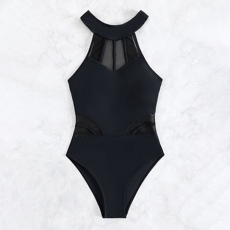 Damen Sportlicher Einteiler Badeanzug mit transparenten Einsätzen Drune
