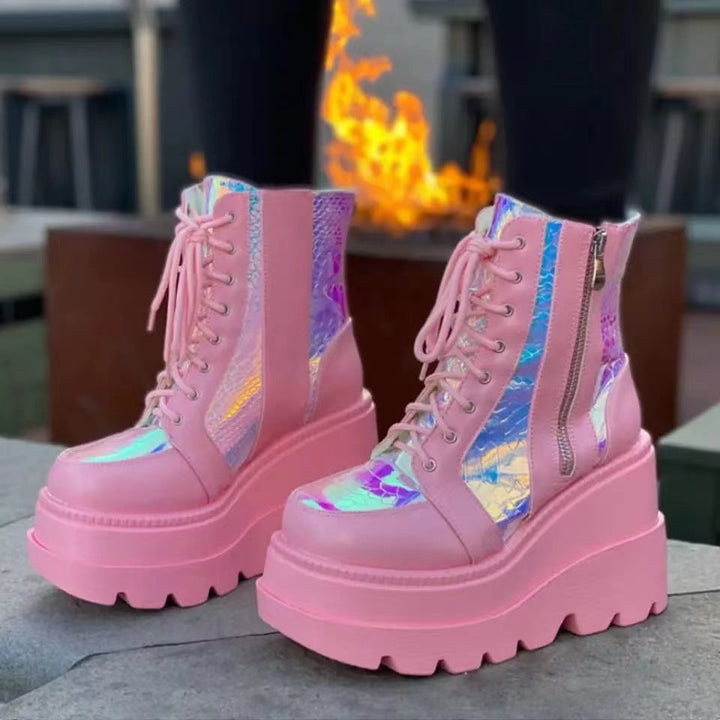 Damen Hochformatige Plateau-Schnürstiefel mit Kunstleder und reflektierenden Akzenten Drune