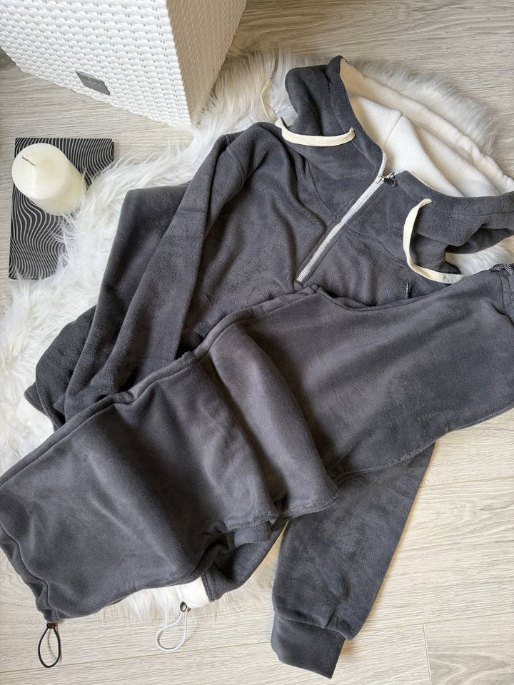Damen kuscheliger Fleece-Jogginganzug mit hohem Kragen undKordelzug Drune