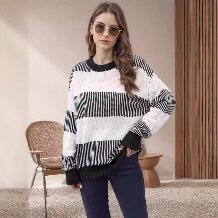 Damen gestreifter Strickpullover mit weitem Schnitt Drune