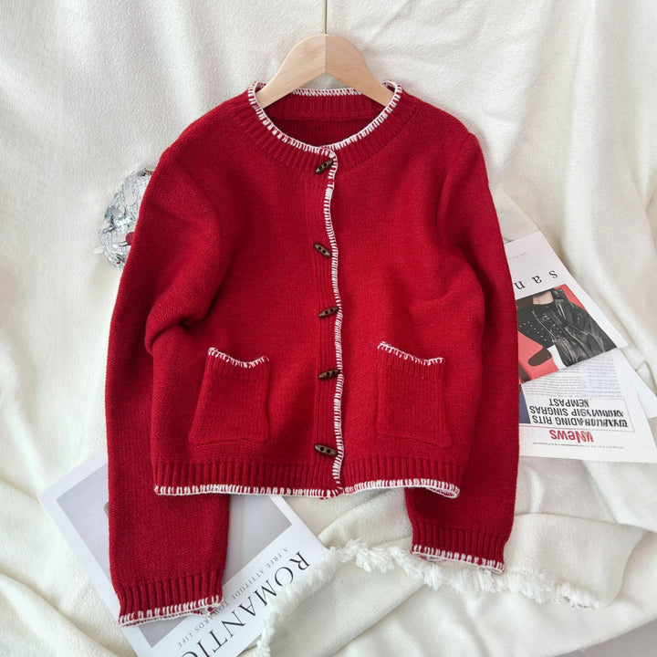 Damen klassische Strickjacke mit kontrastierenden Nähten und Taschen Drune
