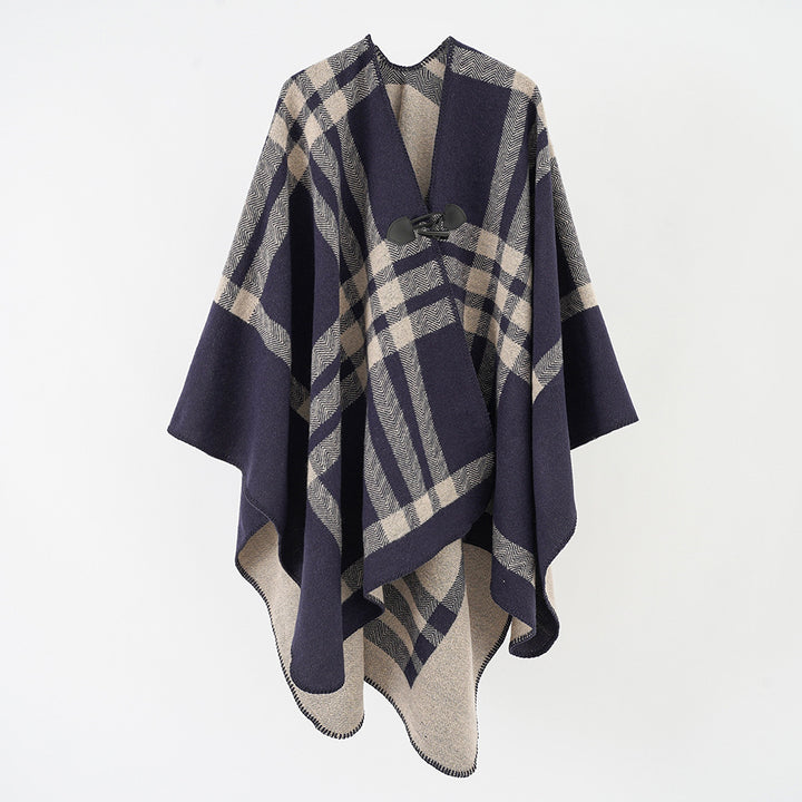 Damen Luxuriöser Geometrischer Poncho aus weichem Material mit dezenter Knopfverzierung Drune